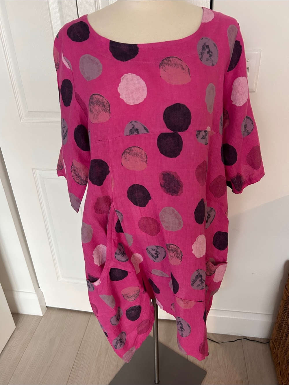 Linen tunic pink with lavender, pink and navy  dots